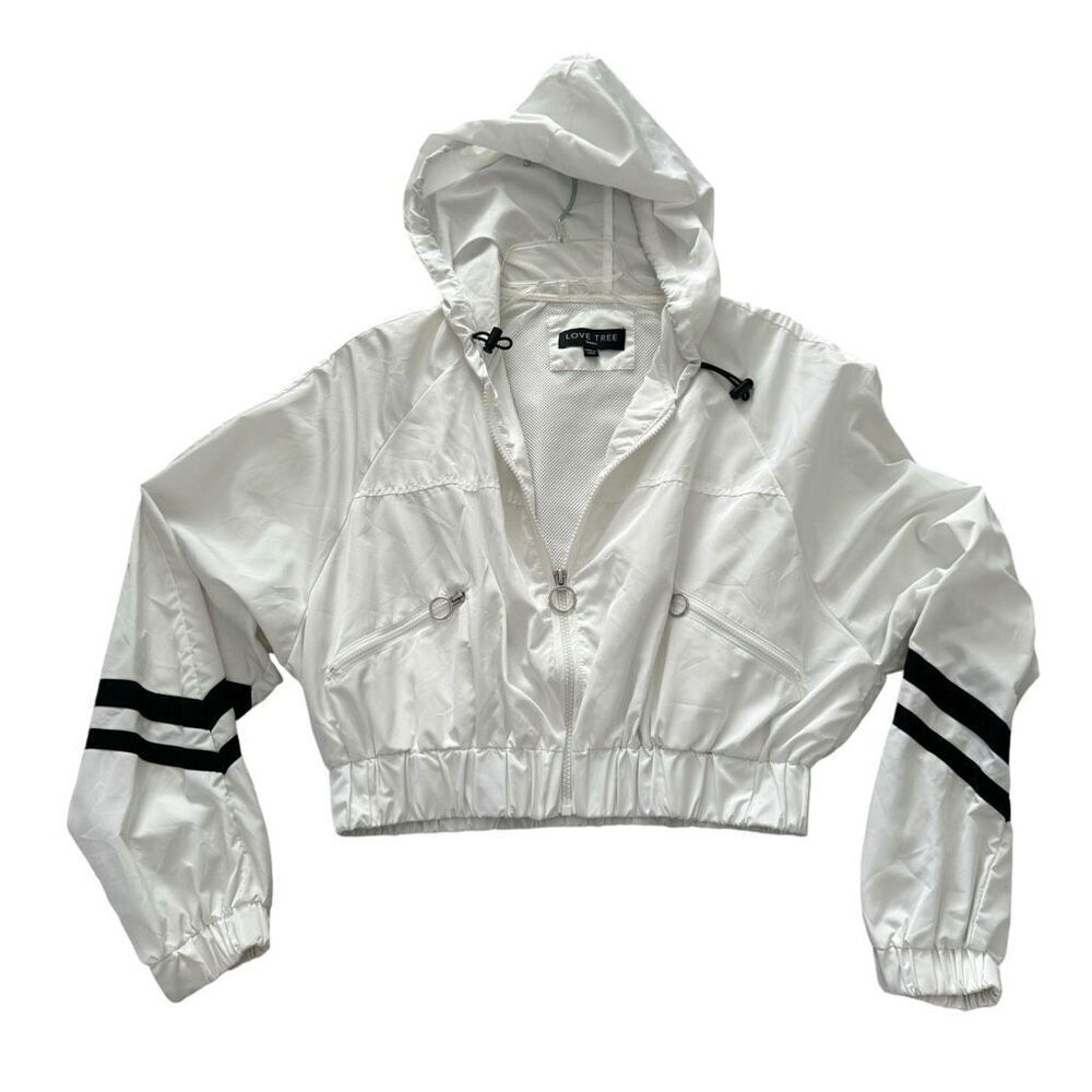 Love Tree Cropped Windbreaker Hoodie Jacket White With black Striped Small